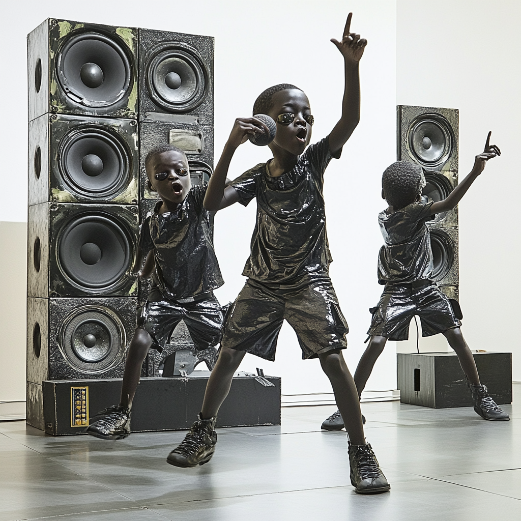 Black children rehearsing dance moves and lyrics on microphone away from dance floor.