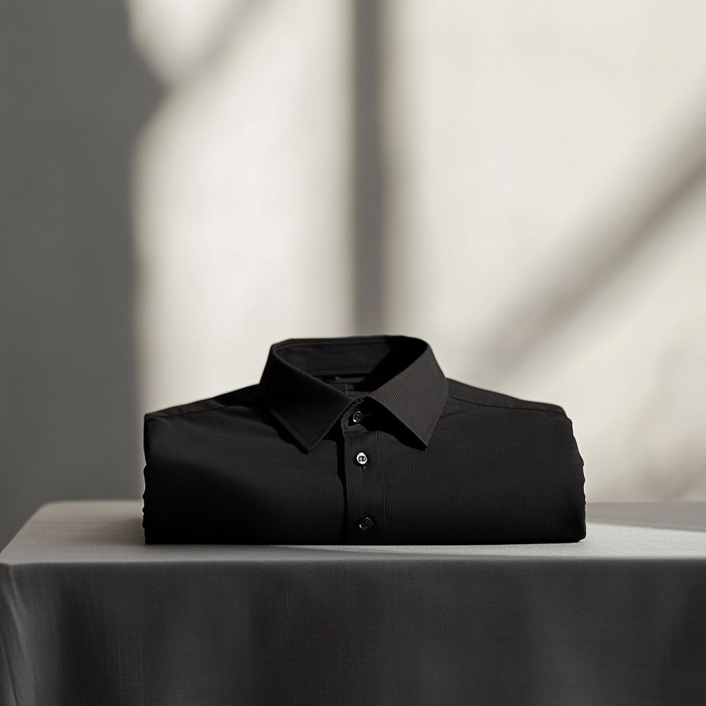 Black chino trousers folded on table, emphasizing sleek design.