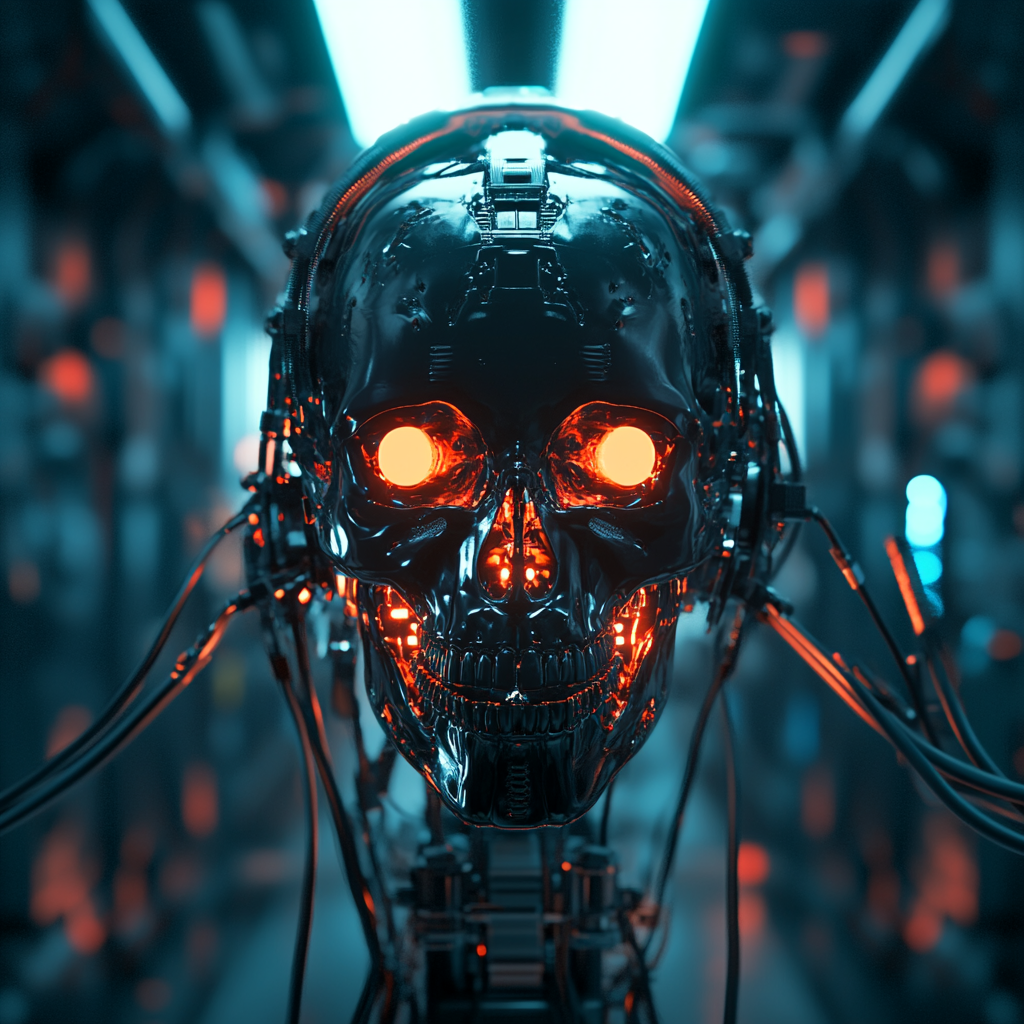 Black cyborg skull in futuristic device with cables lit cyan-orange.