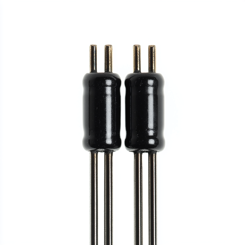 Black cylindrical transistor with three metal leads on white background.