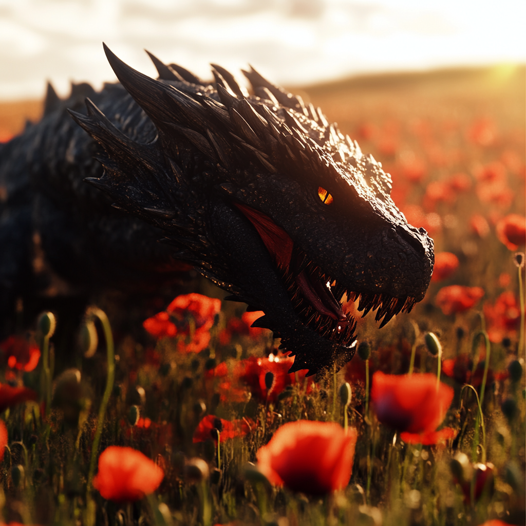 Black dragon head looming behind red poppy flower.