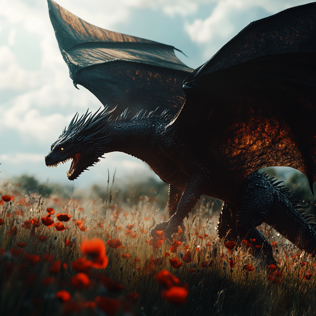 Black dragon with shiny wings in sunny poppy field.