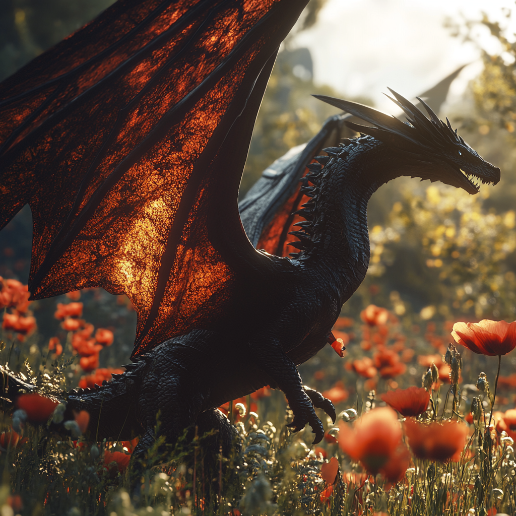 Black dragon with wide wings in poppy field.