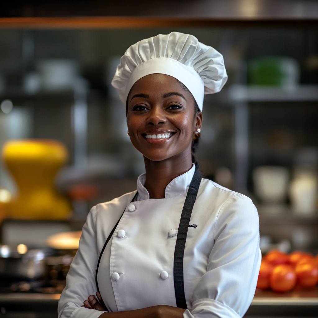 Black female chef happily cooking in vibrant kitchen.