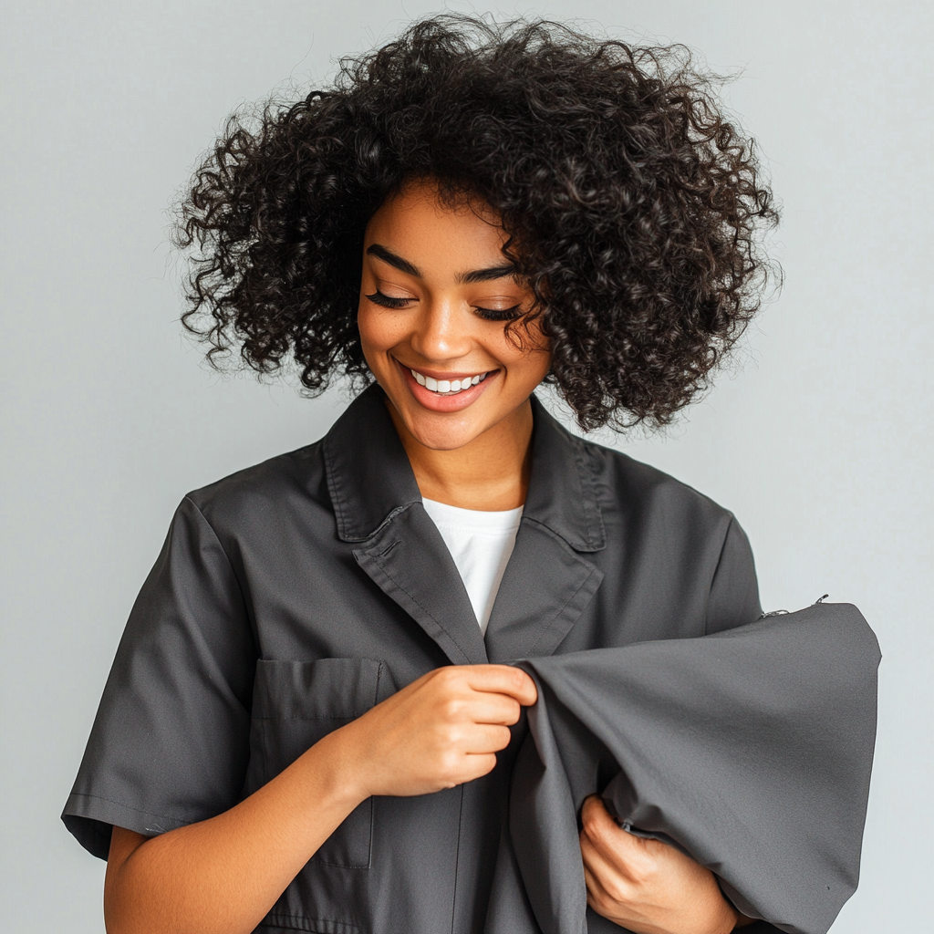 Black female hairdresser smiling, holding tshirt, real photography 