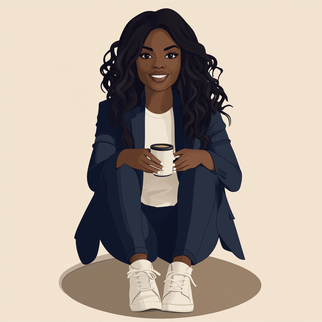 Black female politician sitting cross-legged with coffee mug.