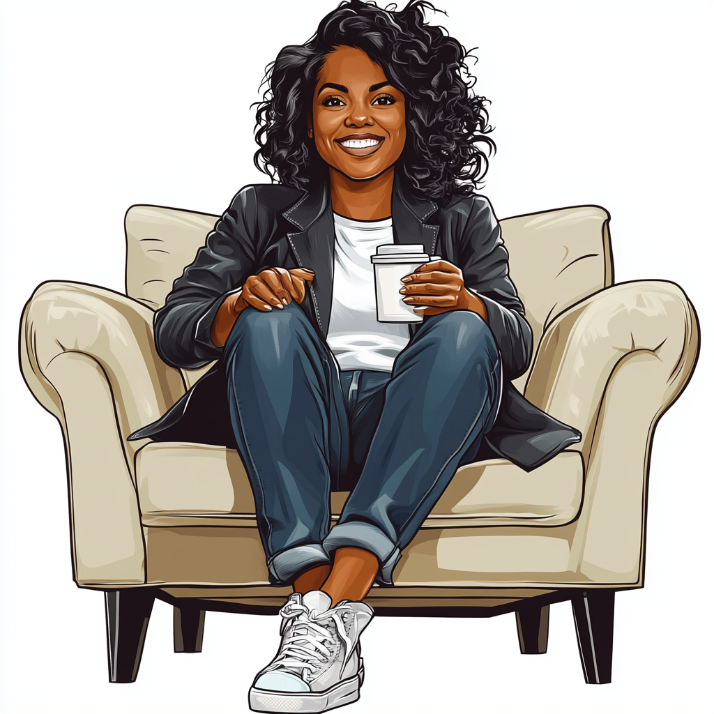 Black female politician sitting on couch holding coffee mug.