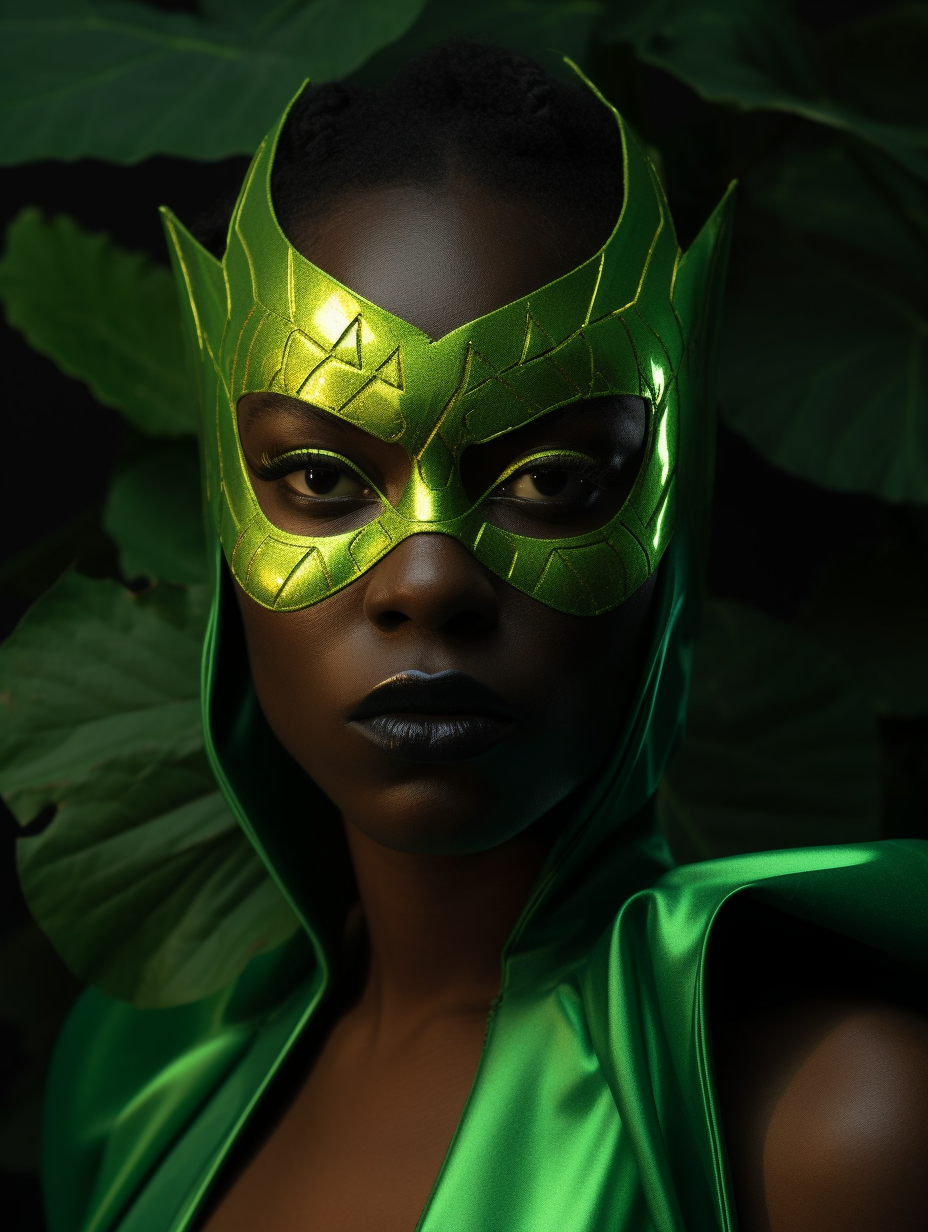 Black female superhero in nature-inspired green mask