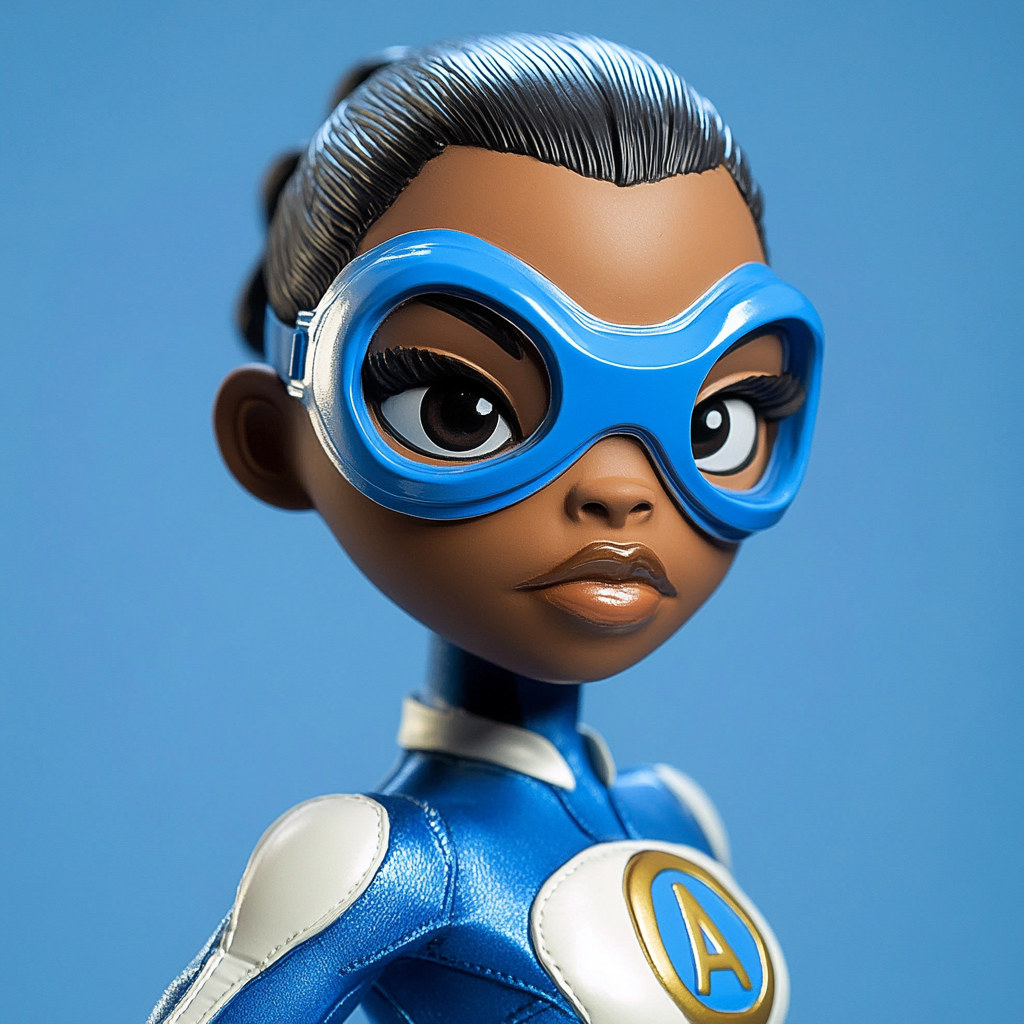 Black female superhero puppet with buzz cut hairstyle.