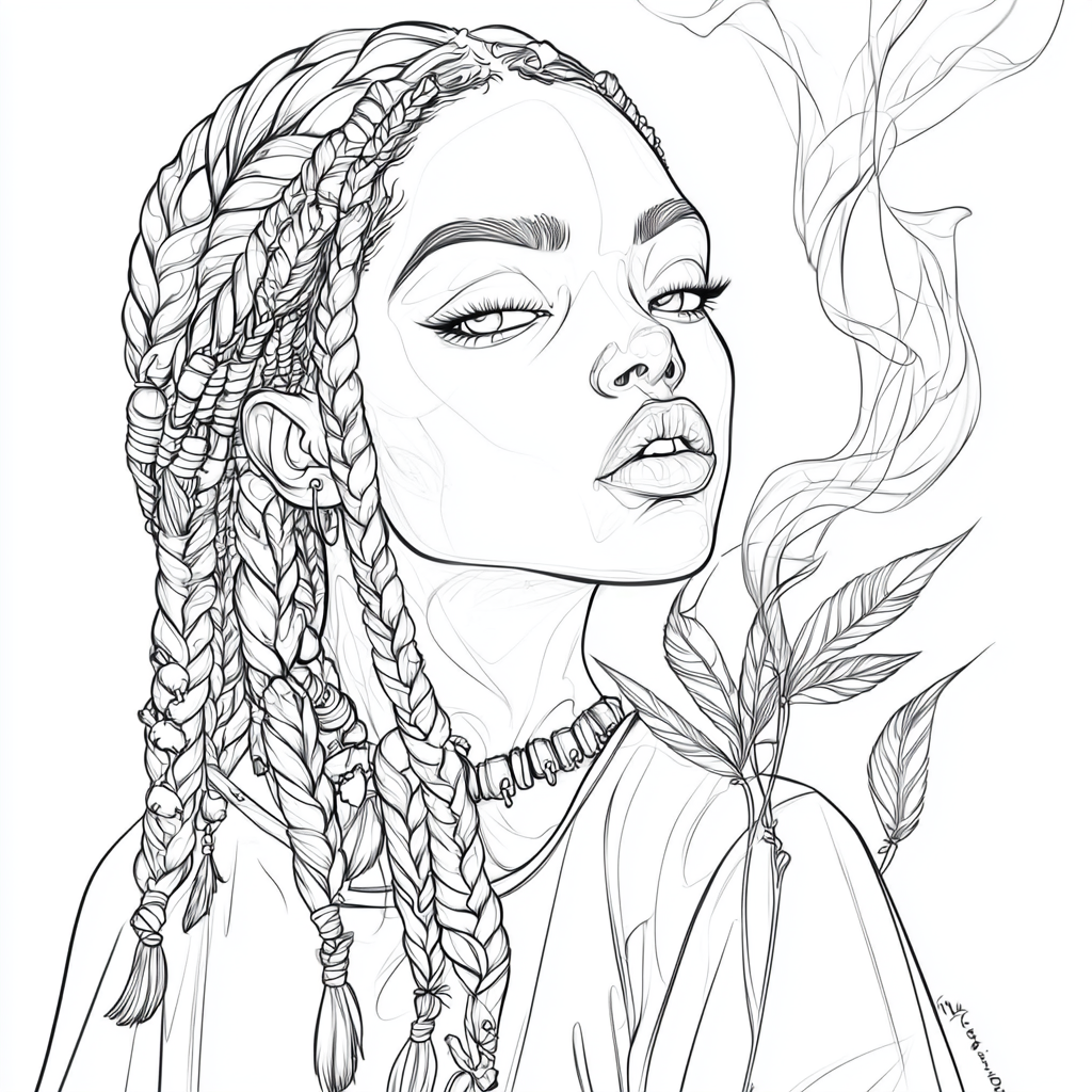 Black girl coloring page with sage and crystals.