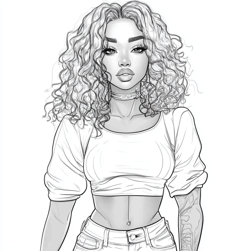 Black girl in jeans and top coloring page.