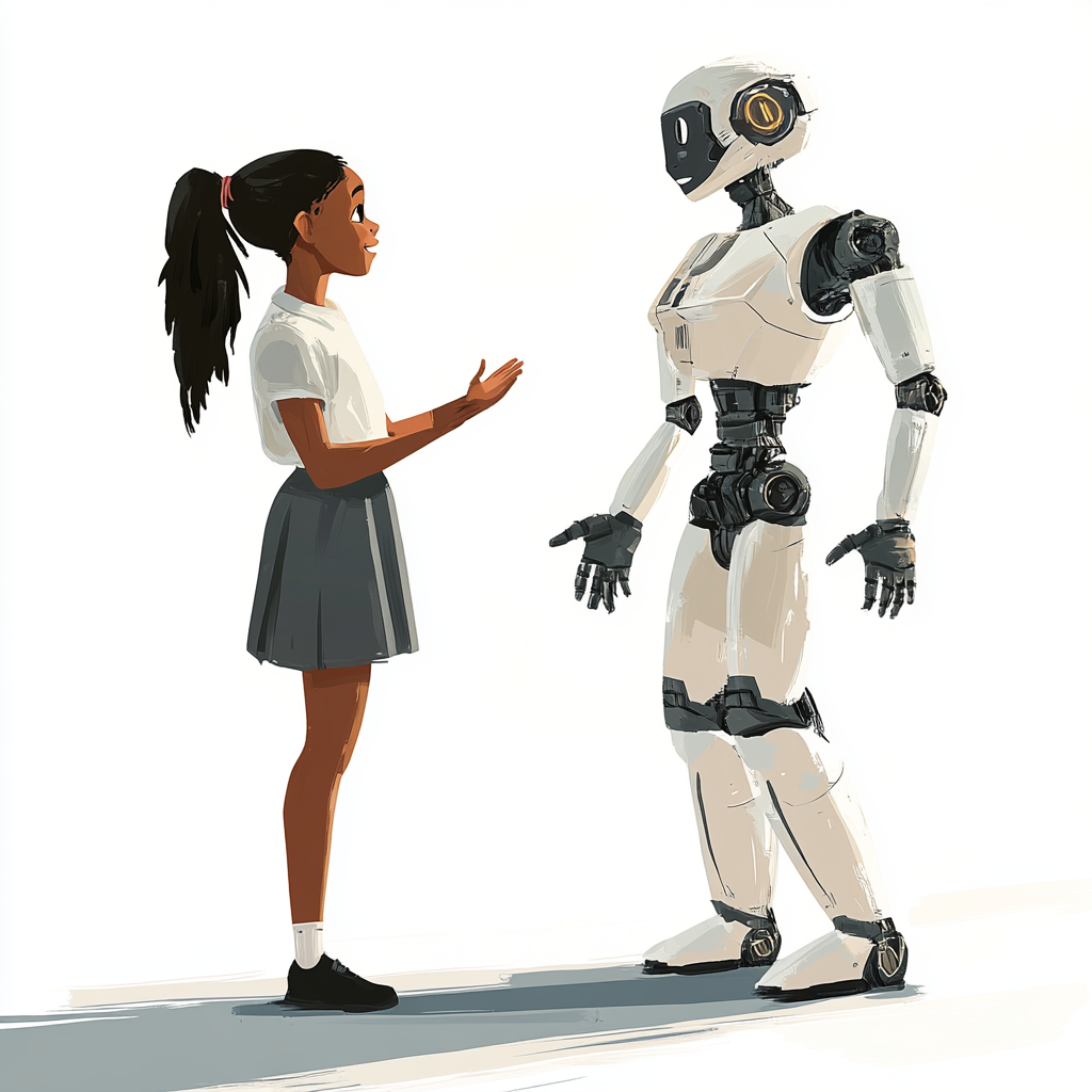 Black girl talks to robot on white background.