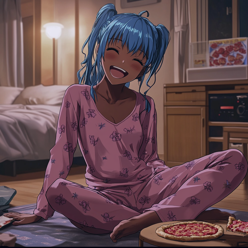 Black girl with blue hair in pink pajamas laughing.