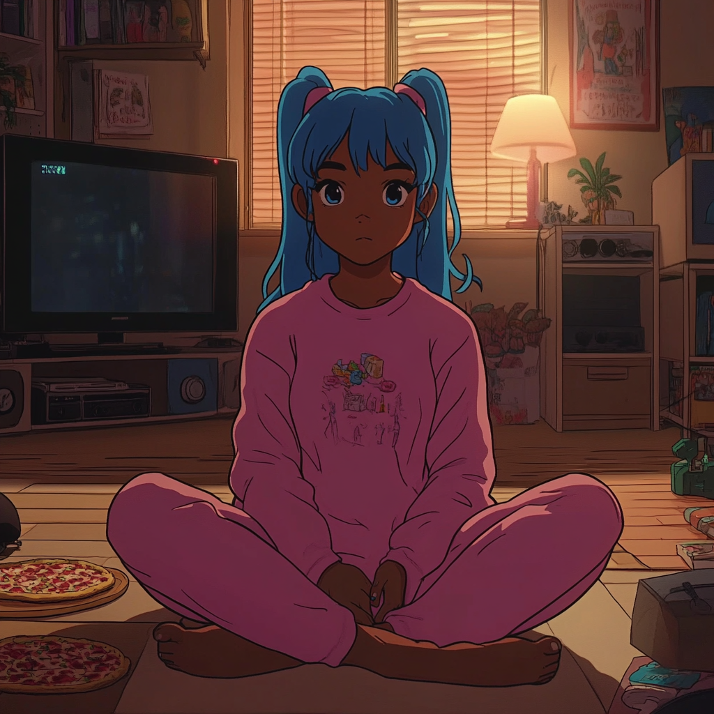 Black girl with blue hair in pink pajamas.