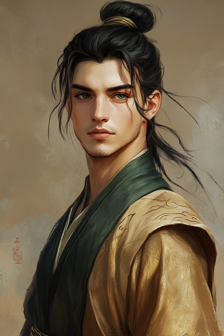 Black hair, green eyes, mage robes, detailed portrait art.