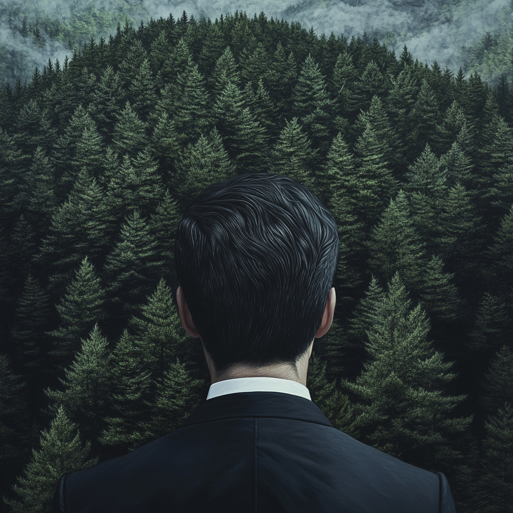 Black haired, bearded man in suit gazing at forest.