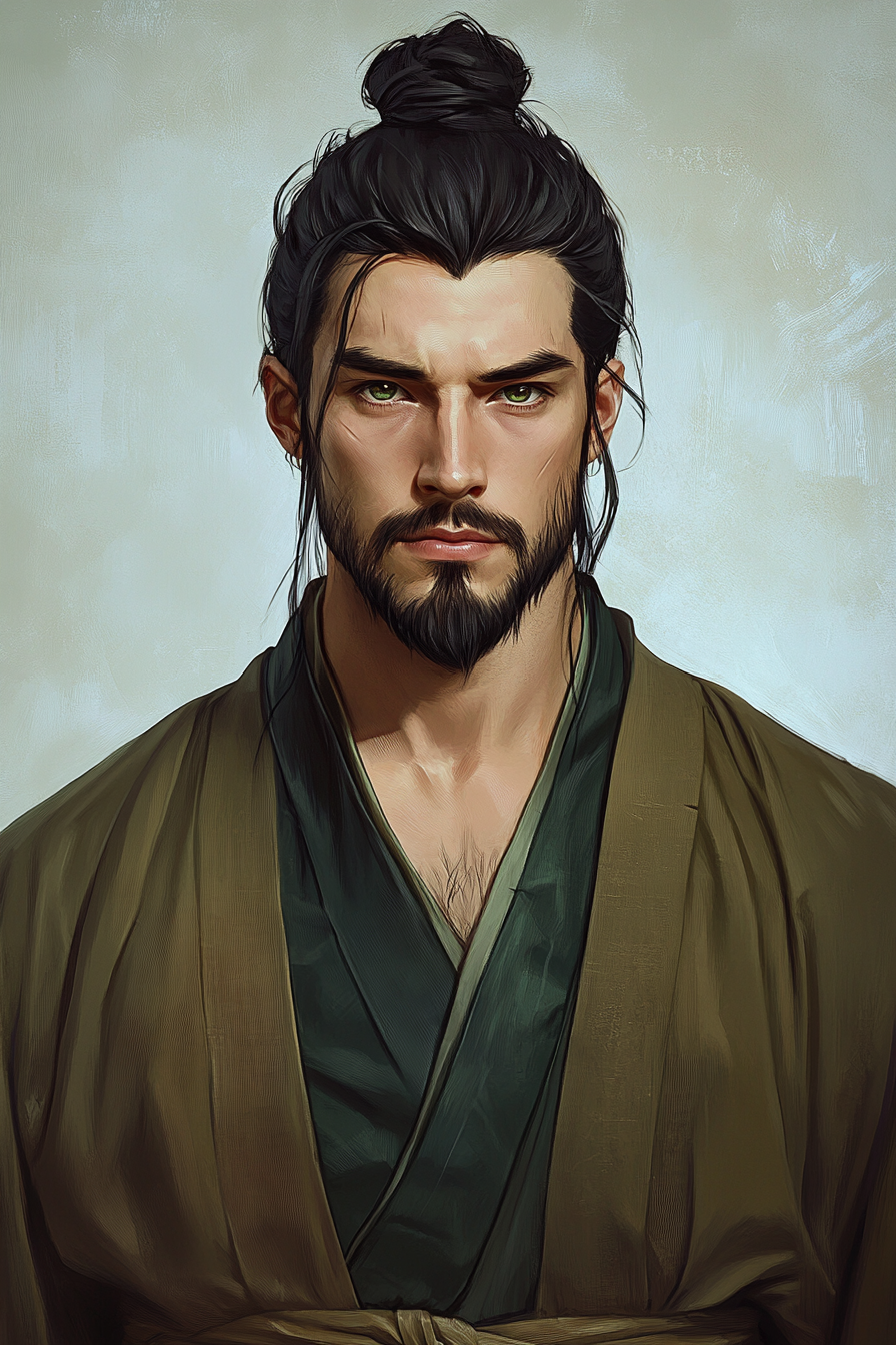 Black haired male in green-trimmed robes, by artgerm.