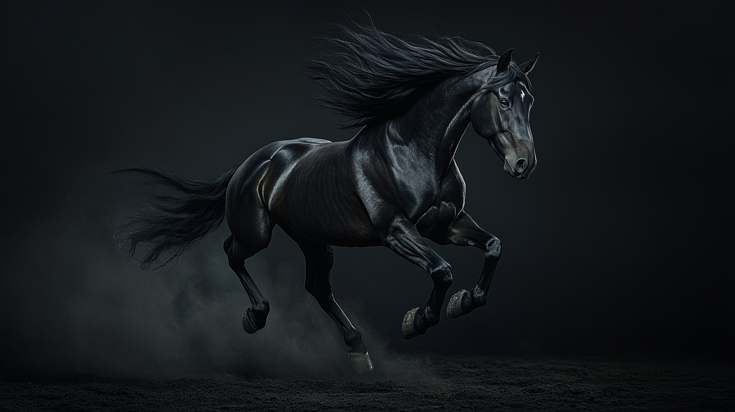 Black horse flying right with long mane on black background