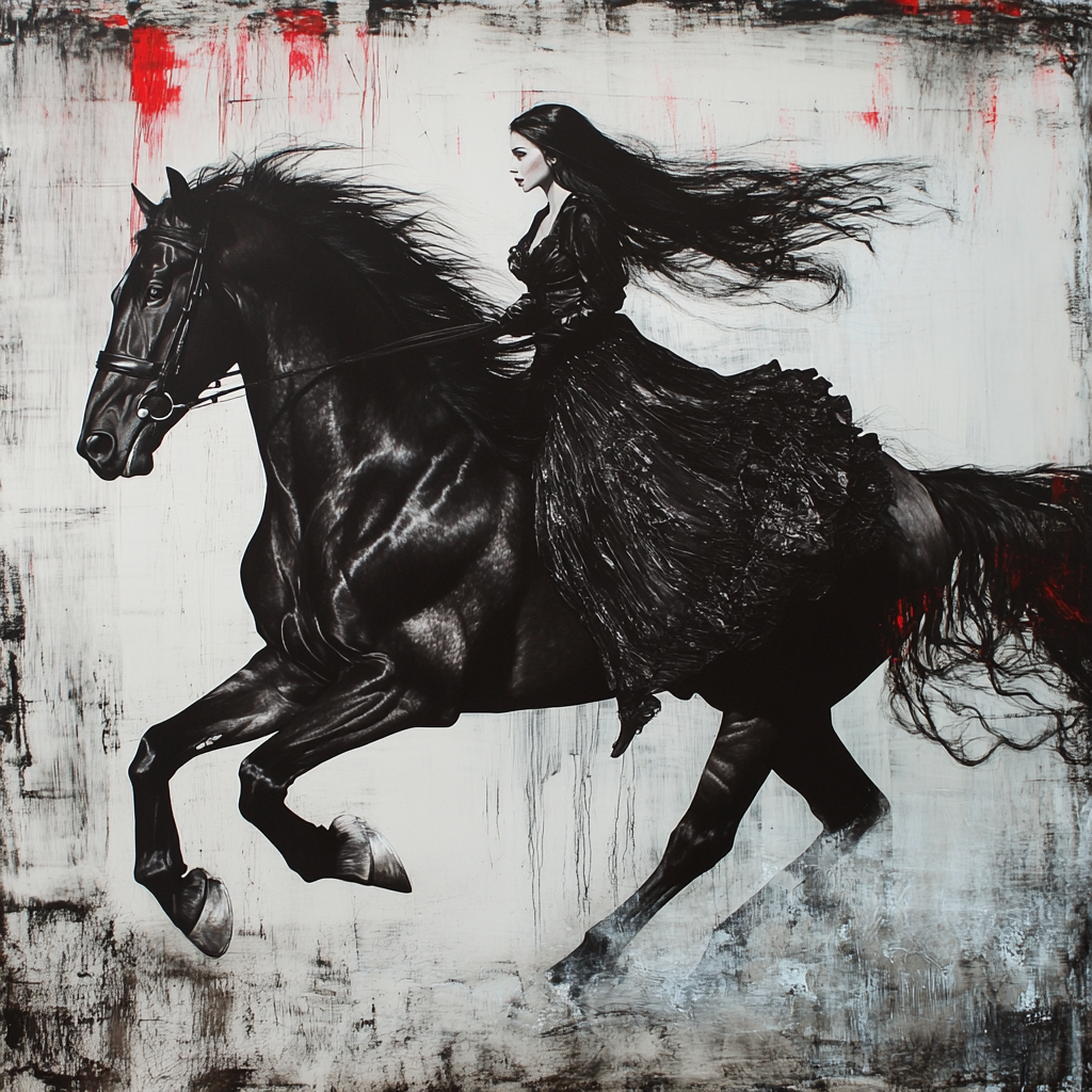 Black horse galloping, pale woman running, classic oil painting.