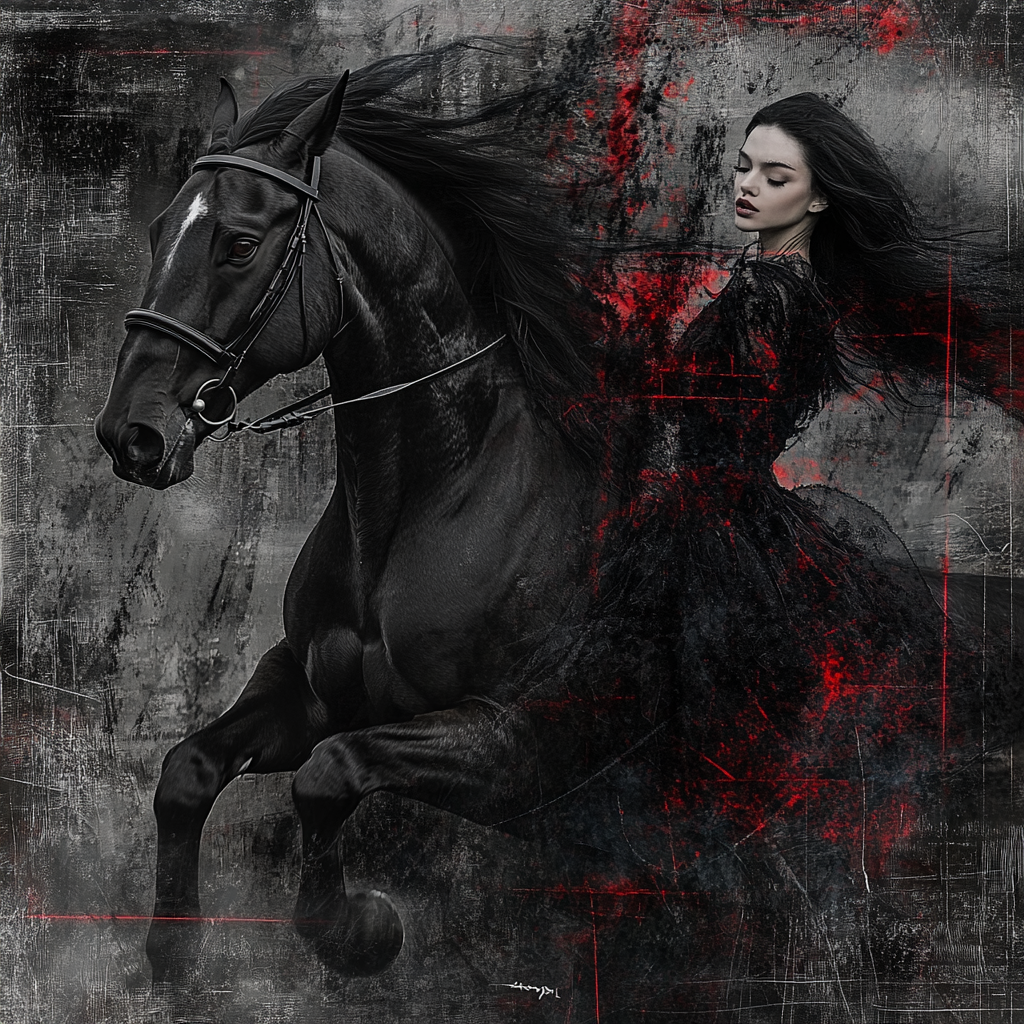 Black horse gallops beside pale woman, mental strength symbolism.