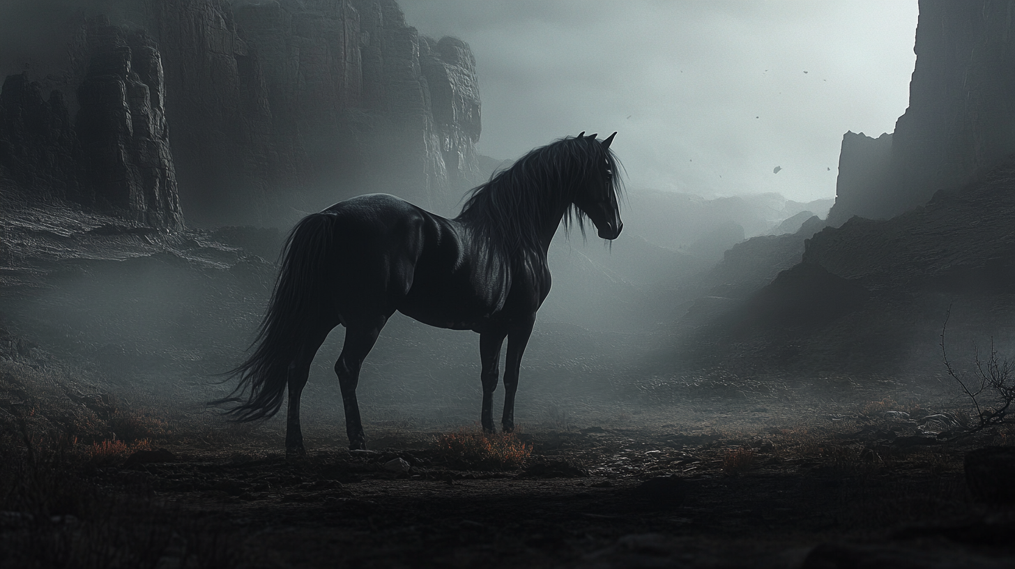 Black horse in a dark, mystical valley.