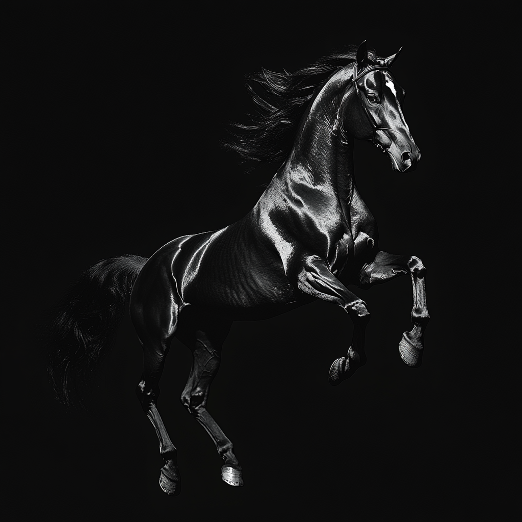 Black horse jumping in studio, hyperrealistic 32k UHD.