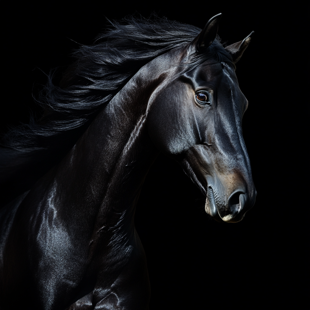 Black horse soaring wind mane epic hyperrealistic photo