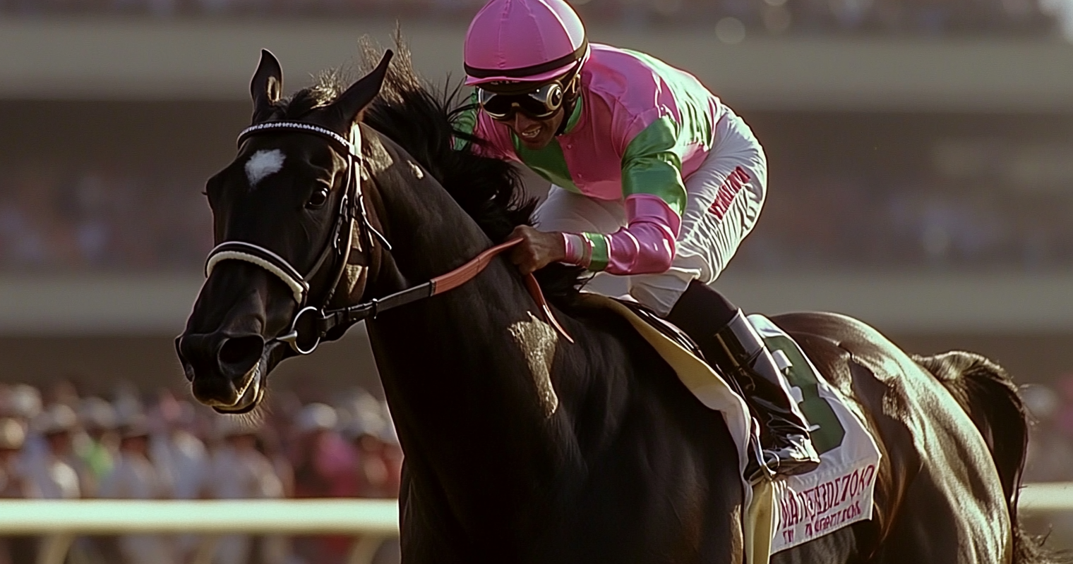 Black horse wins race with colorful mane flowing.