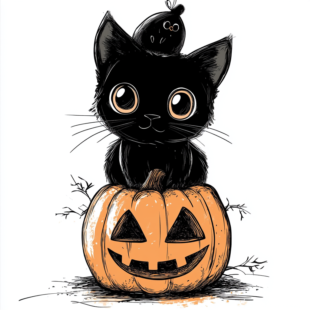 Black kitten inside jack-o-lantern on white background cartoon.