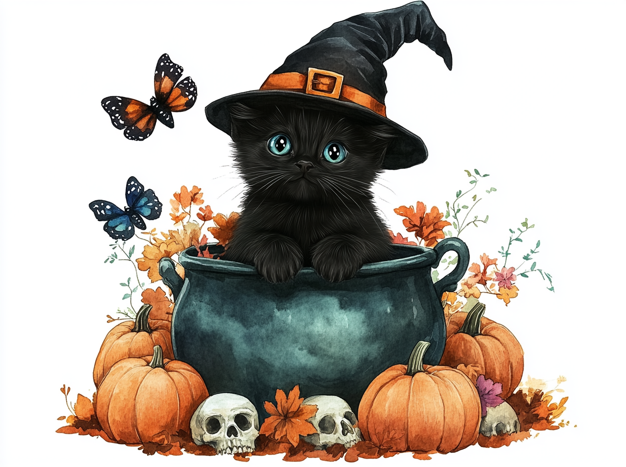 Black kitten witch hat cauldron pumpkins skulls flowers butterflies.