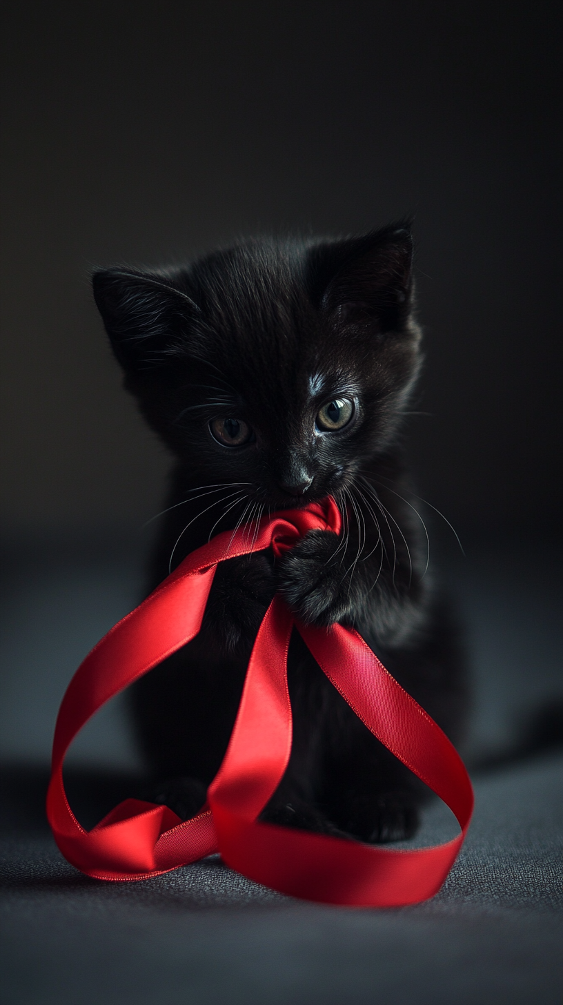 Black kittens playing with red ribbon in shadows