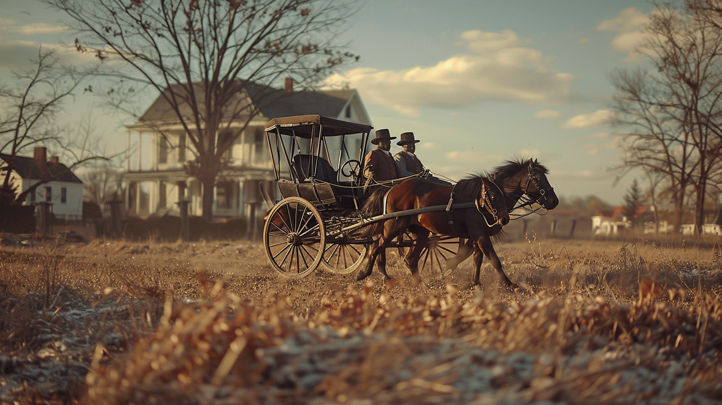 Black man driving carriage, two men sitting behind him.