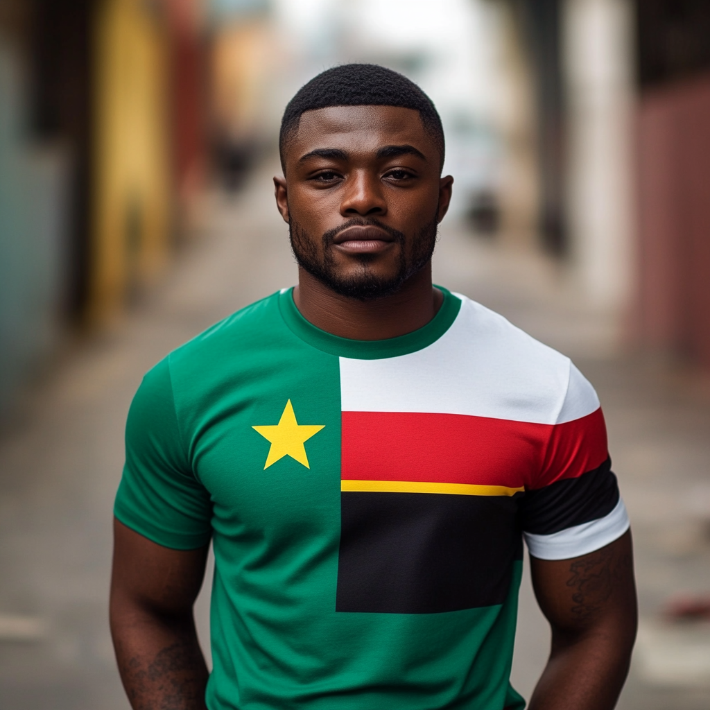 Black man in athletic build wearing flag-themed t-shirt.