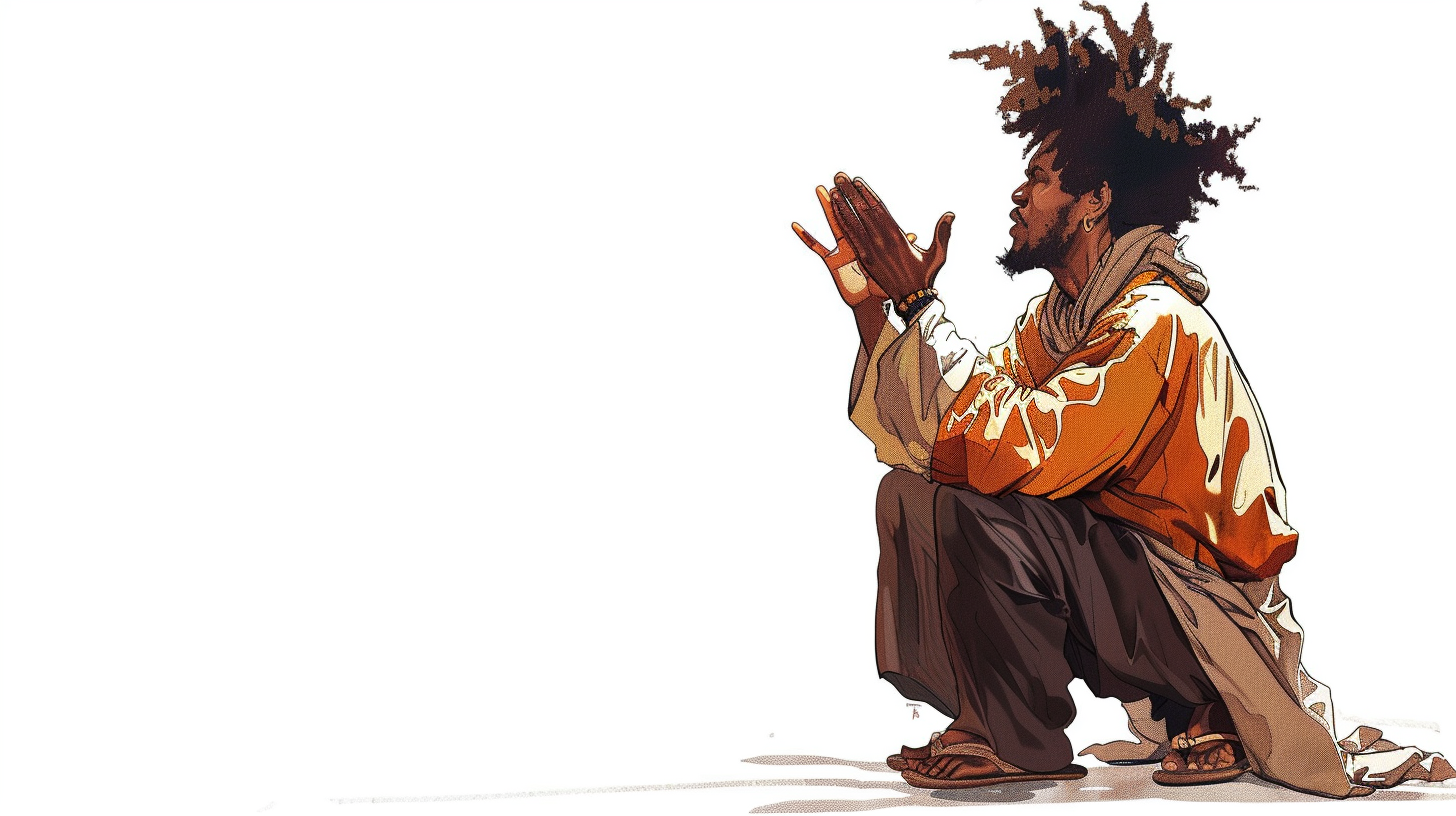 Black man in sketch, praying on knees, colorful background.