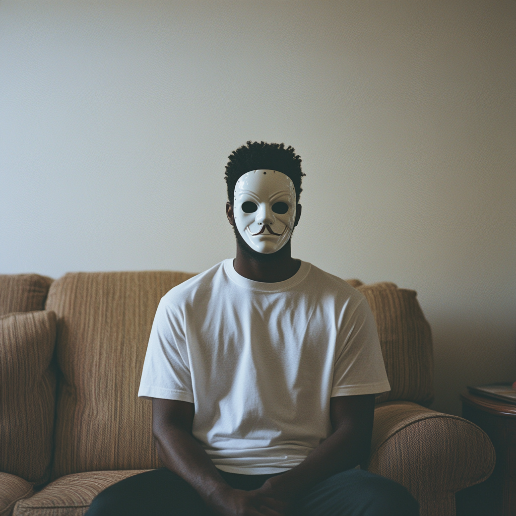 Black man in white tshirt standing front of sofa.