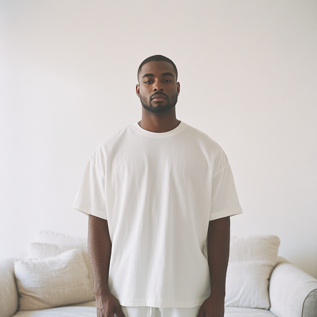 Black man in white tshirt standing in front.