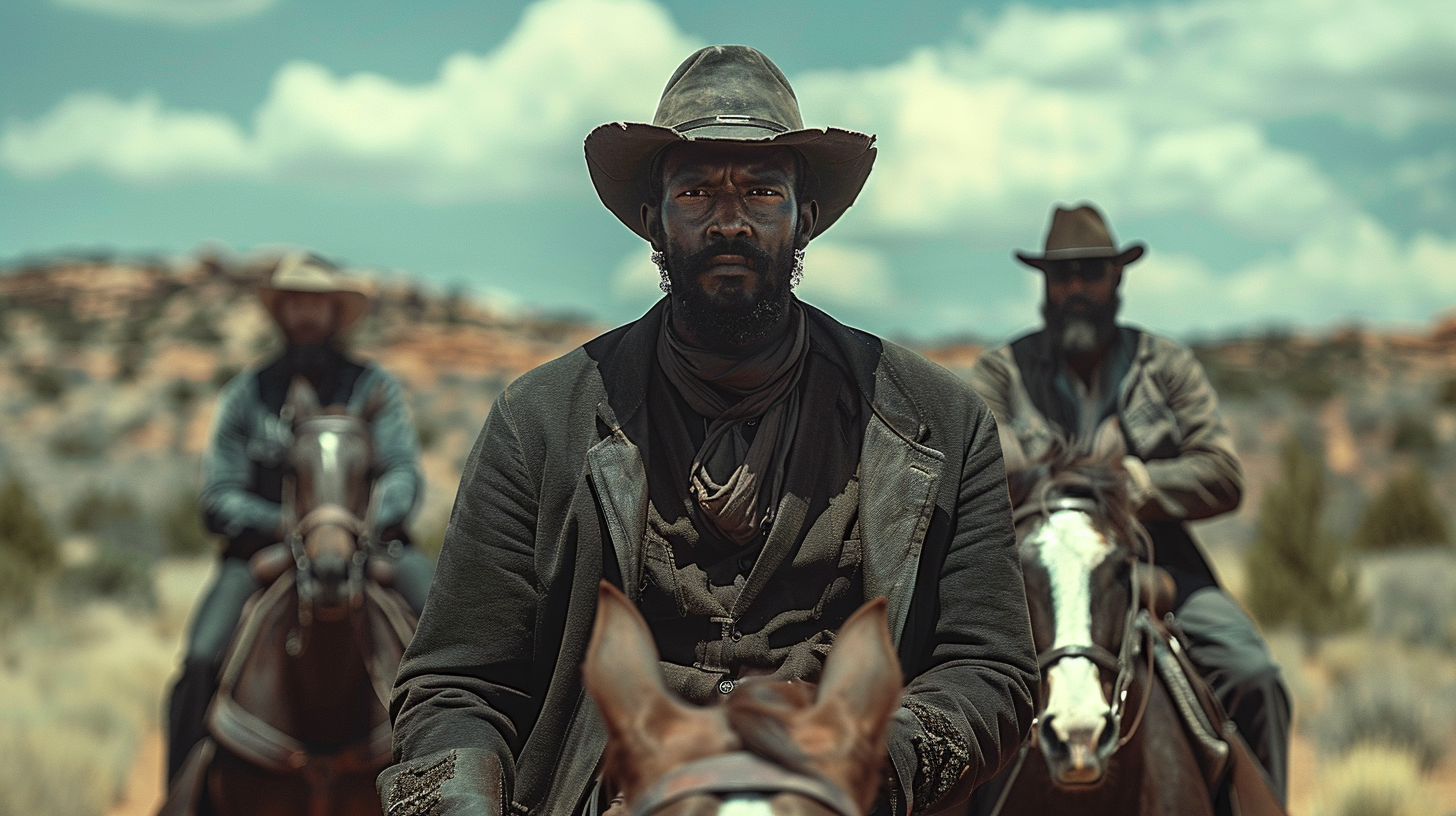 Black man leading two white men on horses.