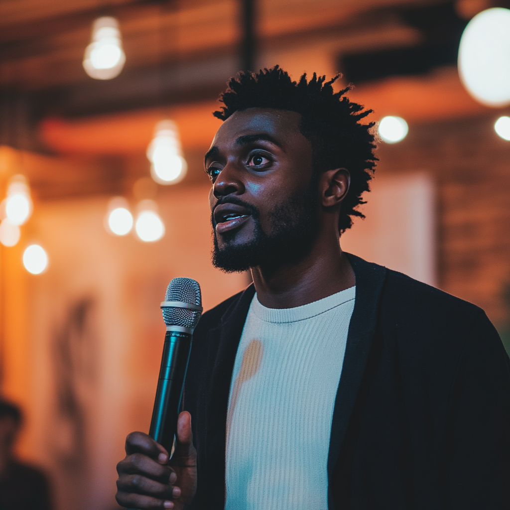 Black man speaks with microphone at event, detailed backdrop.