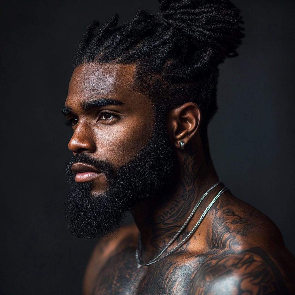 Black man with beard, man-bun and tattoos