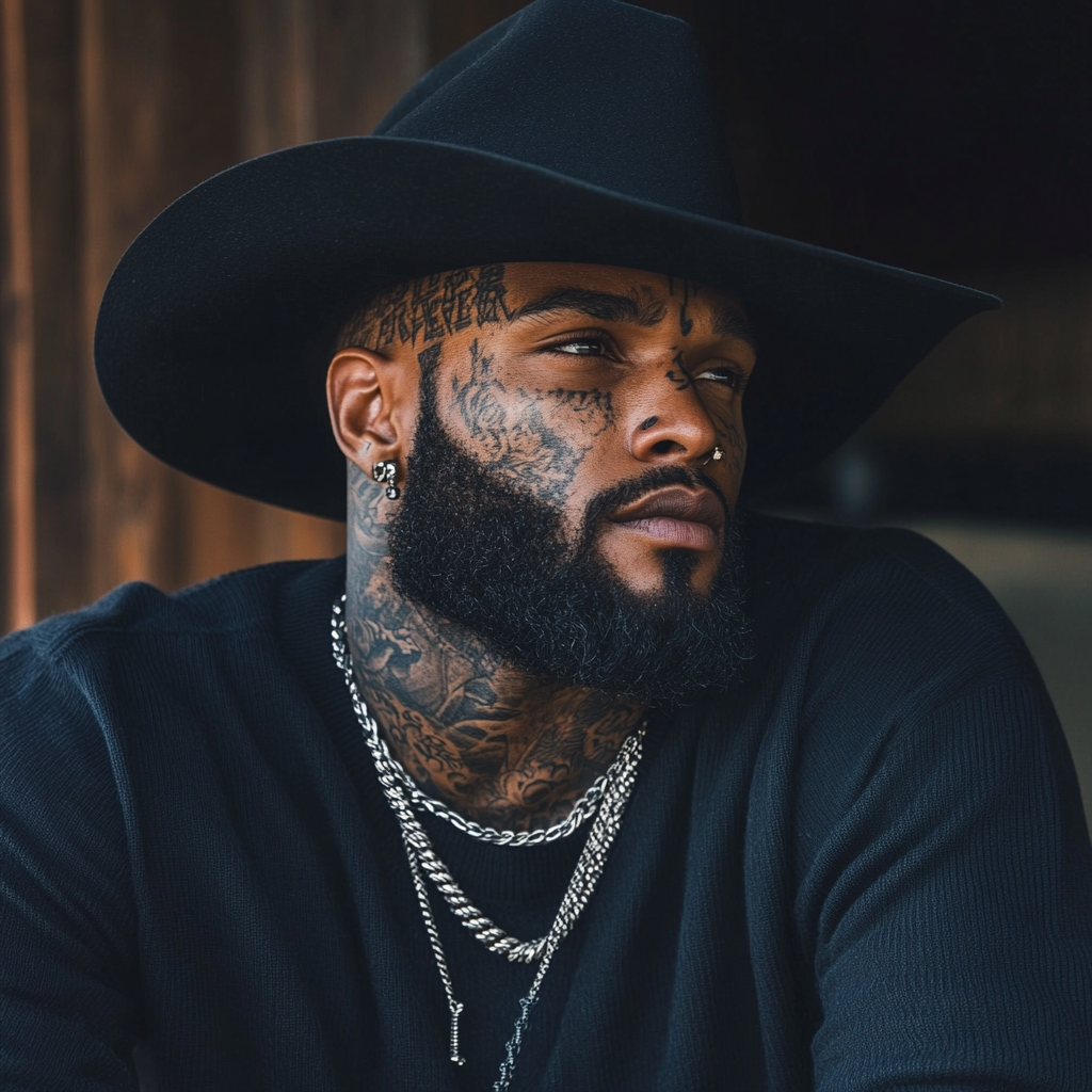 Black man with dark skin and beard, tattoos shown.