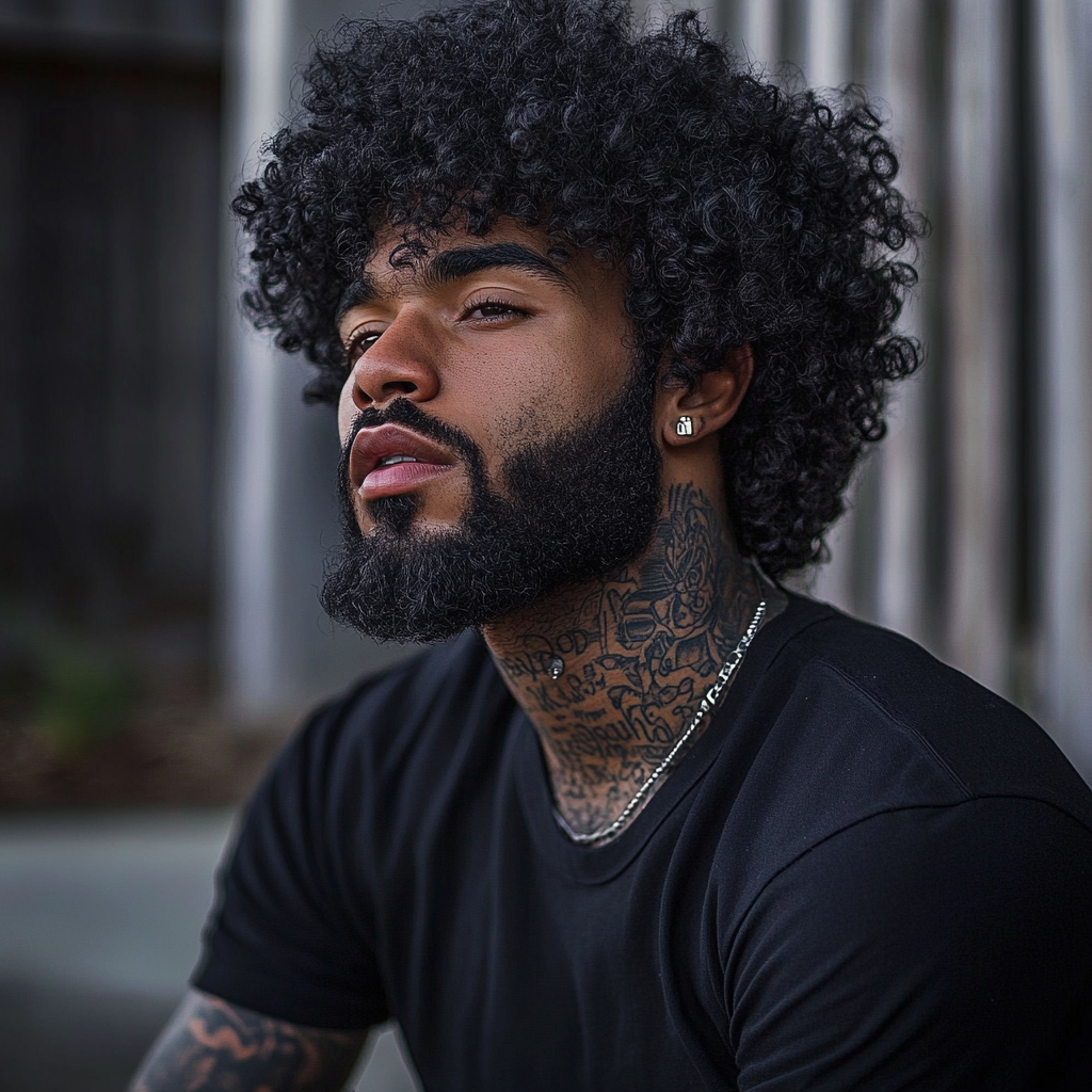 Black man with detailed neck tattoos outdoors