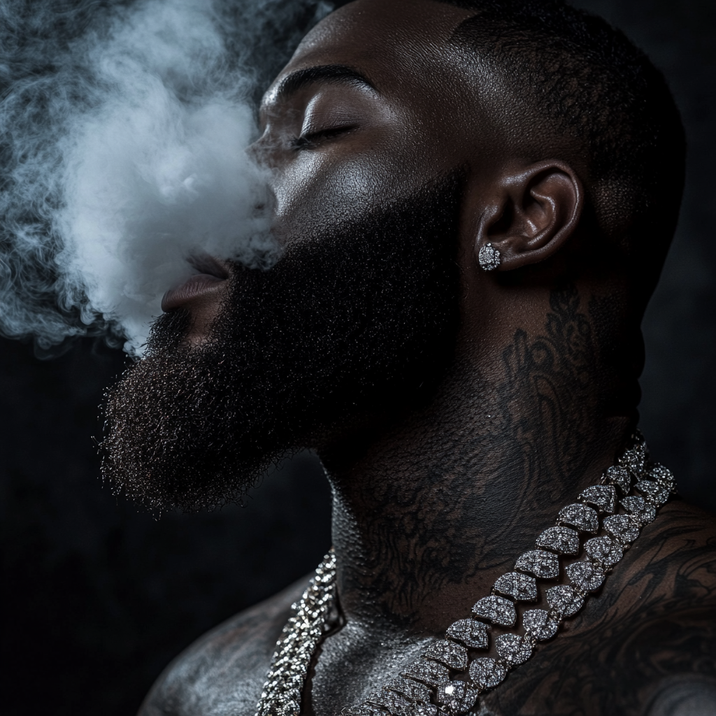 Black man with diamond chains and intricate tattoos, smoke removed