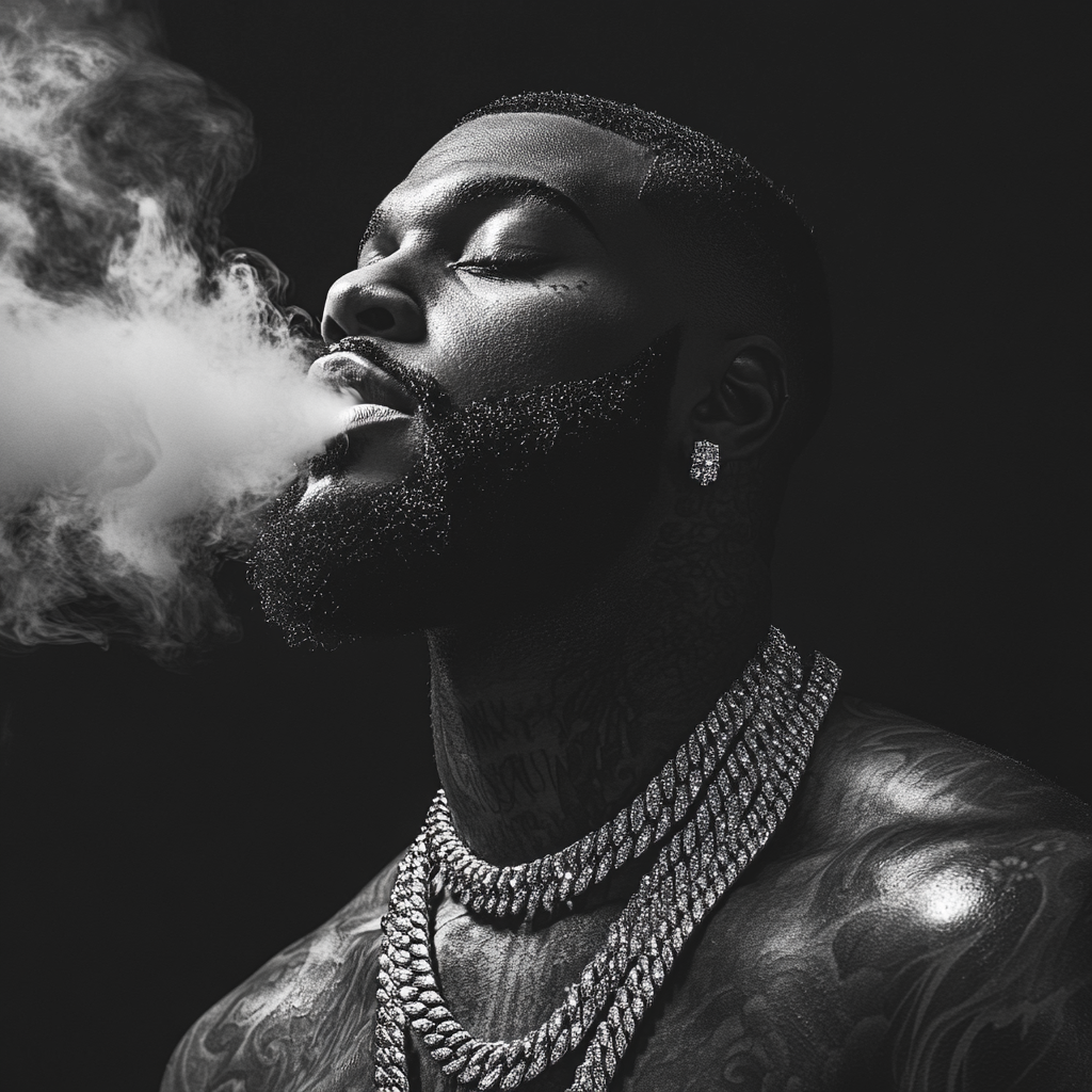 Black man with diamond chains exhales smoke, dramatic lighting.