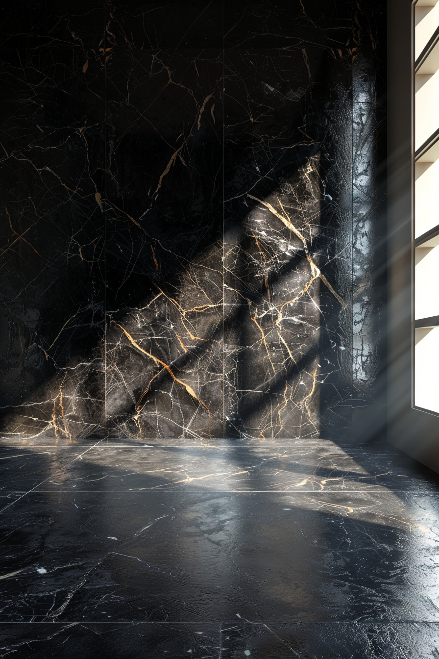 Black marble surface with white texture, luxuriously lit studio.