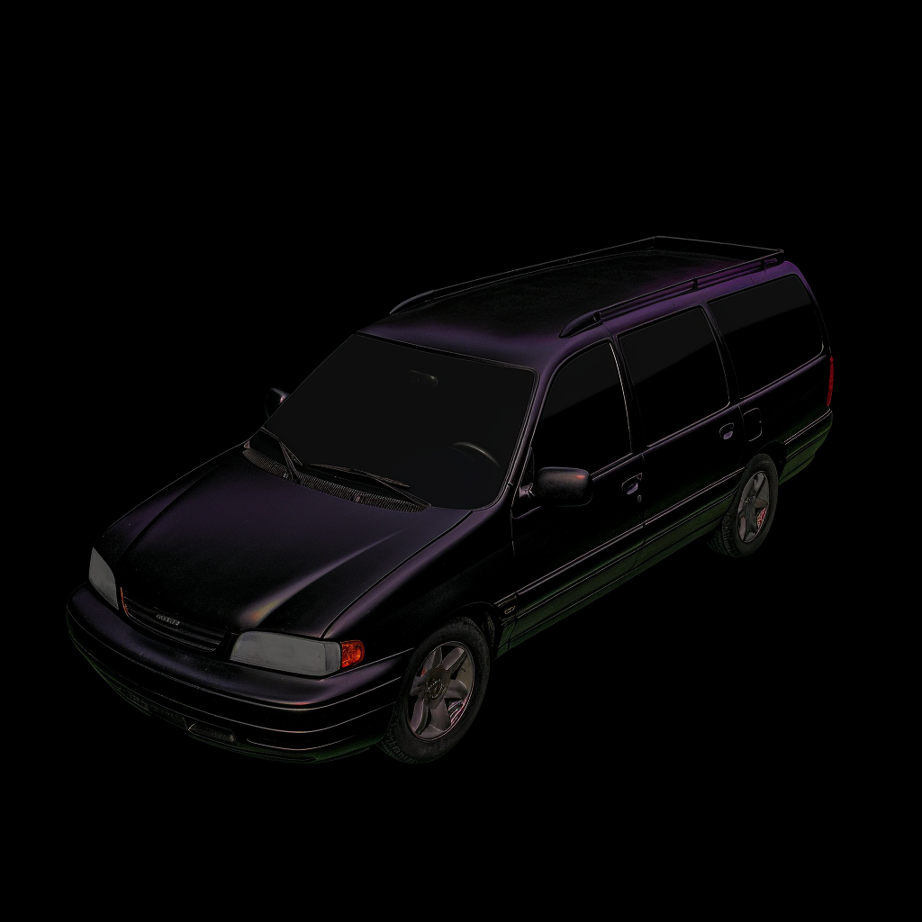 Black minivan, glitchy game screenshot, solid matte background.