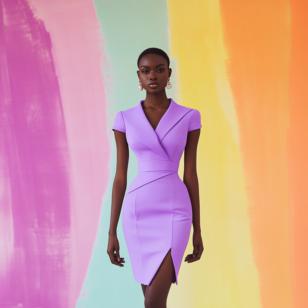 Black model in lilac dress with cross straps.