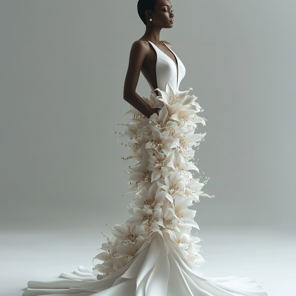 Black model in satin mermaid wedding dress, lily bodice.