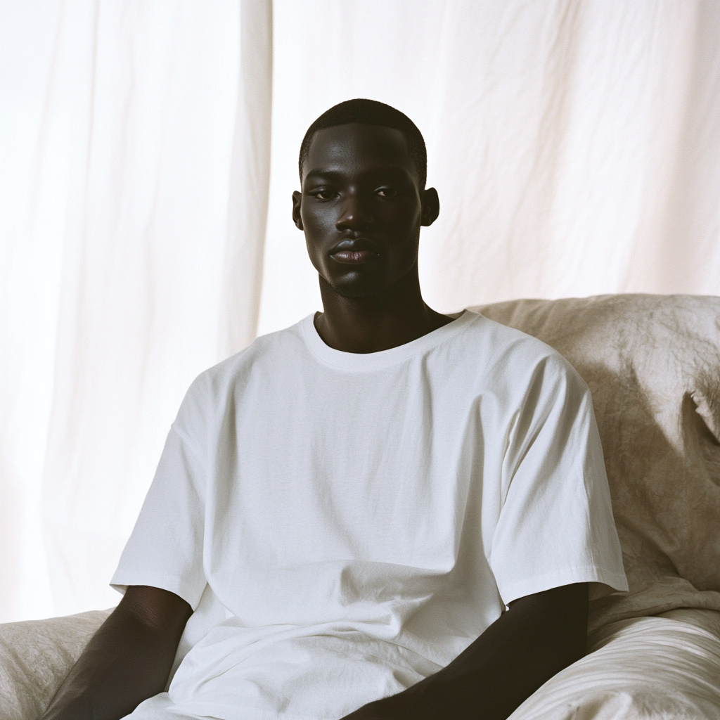 Black model in white oversized t-shirt, sitting on sofa.