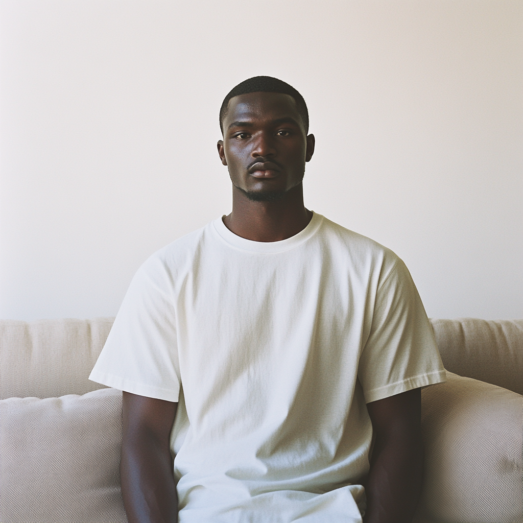 Black model in white t-shirt, standing, white background.