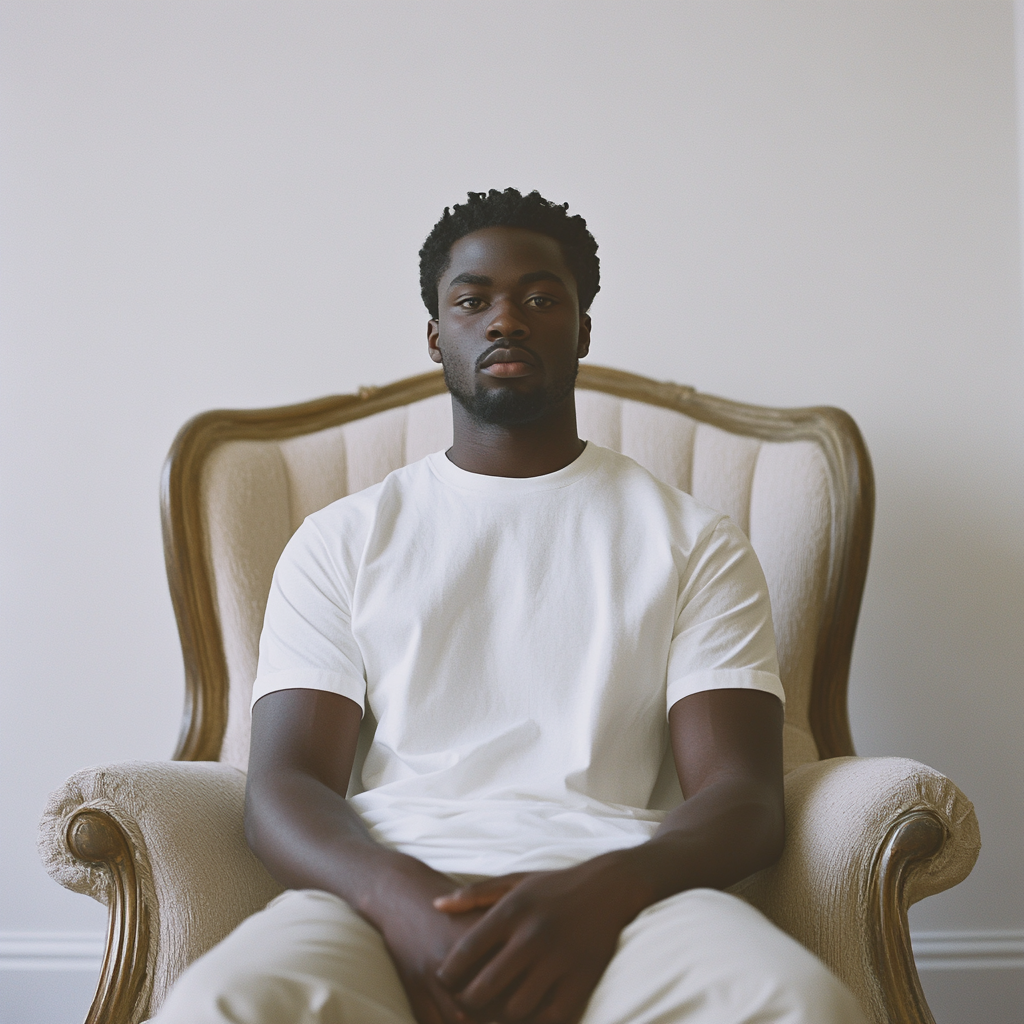 Black model in white t-shirt and robbery mask sitting.